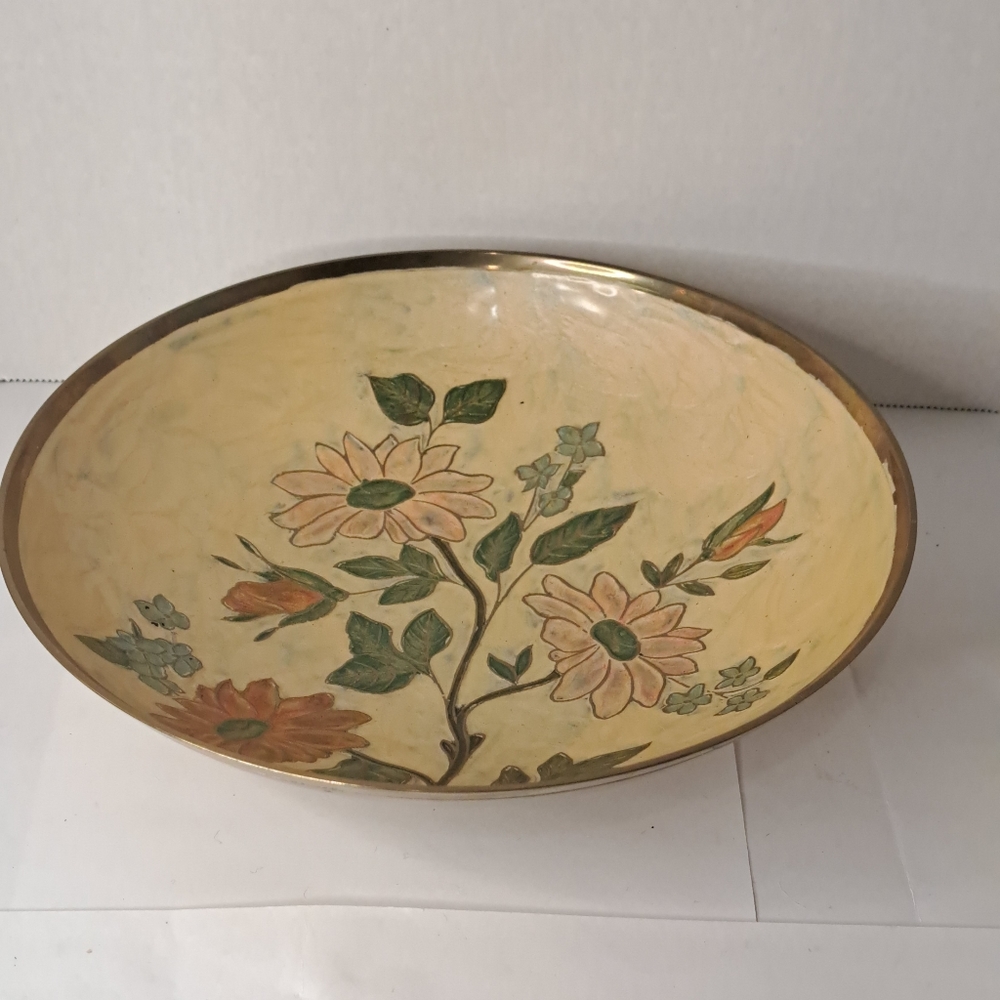 Vintage Enamelware Brass Pedestal Bowl